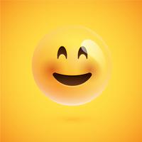 Emoticon giallo realistico davanti a uno sfondo giallo, illustrazione vettoriale