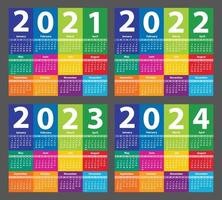 set di calendario 2021, 2022, 2023, 2024, a partire da domenica. vettore
