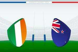 quarti di finale incontro fra Irlanda e nuovo zelanda, illustrazione di Rugby bandiera icona su Rugby stadio. vettore