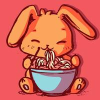 carino anime coniglio mangiare tagliatelle a partire dal un' ciotola utilizzando giapponese bacchette. kawaii arancia coniglietto avendo un' grande piatto con spaghetti nel davanti di lui vettore