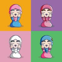 imposta di adorabile musulmano hijab ragazza pregare cartone animato vettore illustrazione. persone religione premio illustrazione vettore impostare. hijab islamico cartone animato illustrazione impostato