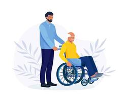 medico o infermiera, parente spingendo sedia a rotelle con malato o Disabilitato vecchio uomo. anziano persona ricevente aiuto, cura. volontario assunzione cura di portatori di handicap anziano paziente vettore
