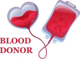 vettore illustrazione per il sangue donatore giorno. Borsa di sangue gocciola in il cuore, testo sangue donatore