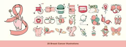 impostato di piatto rosa ottobre illustrazioni. piatto e femminile stile Seno cancro consapevolezza mese vettore