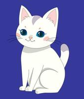 carino bianca gatto con grigio macchie e grande blu occhi si siede. isolato icona, cartone animato gatto su blu sfondo vettore