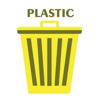 plastica spazzatura ordinamento. giallo contenitore per plastica sciupare. pacchi, bottiglie e piatti. cura per ambiente, natura e atmosfera, zero rifiuto stile di vita. cartone animato piatto vettore illustrazione