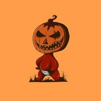 vettore illustrazione di Halloween cartone animato rosso bambino con zucca testa