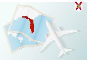 viaggio per Florida, superiore Visualizza aereo con carta geografica e bandiera di Florida. vettore