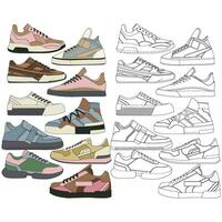 impostato di scarpe sneaker disegno vettore, scarpe da ginnastica disegnato nel un' schizzo stile, impacchettare scarpe da ginnastica formatori modello, vettore illustrazione.