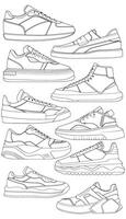 impostato di scarpe sneaker schema disegno vettore, scarpe da ginnastica disegnato nel un' schizzo stile, impacchettare scarpe da ginnastica formatori modello schema, vettore illustrazione.