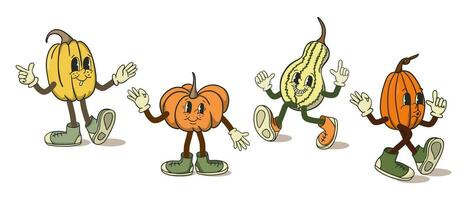 retrò vecchio cartone animato zucca personaggi collezione. carino divertente Vintage ▾ personaggi nel piatto stile. vettore isolato illustrazioni su bianca sfondo. autunno di stagione illustrazione per manifesti, stampe