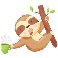 carino bradipo addormentato con caffè tazza cartone animato vettore icona illustrazione. animale bevanda icona concetto isolato premio vettore. cartone animato stile