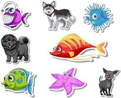 set di adesivi con personaggi dei cartoni animati di animali marini e cani vettore