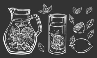 brocca di vetro disegnata a mano con limonata, illustrazione vettoriale estivo