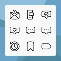 Messaggio icone nel linea stile, per ui UX disegno, sito web icone, interfaccia e attività commerciale. Compreso caspita bolla, segnalibro, etichetta, amore Chiacchierare, Chiacchierare app, eccetera. vettore