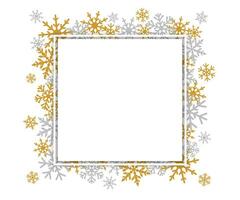 allegro Natale e un' contento nuovo anno vacanza telaio con d'oro e argento fiocchi di neve. inverno di stagione sfondo. bianca foglio di carta vettore