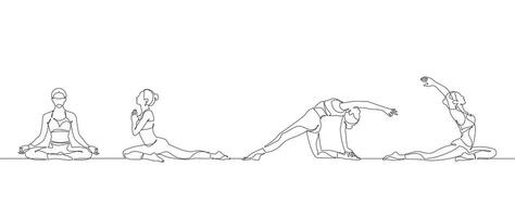 continuo uno linea disegno gruppo di donne fare yoga esercizio minimalista design vettore