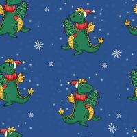 Natale senza soluzione di continuità modello. carino Drago con Natale albero su blu sfondo con fiocchi di neve. vettore illustrazione per nuovo anno disegno, sfondo, confezione, tessile. bambini collezione.