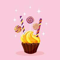 carino delizioso cioccolato Cupcake con Limone crema, caramelle su un' rosa sfondo. cartone animato dolce pasticcini con crema. sfondo con cibo per menù, carta, invito, vacanza. vettore illustrazione.