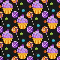 senza soluzione di continuità modello con colorato dolci e cupcakes su un' nero sfondo. sfondo con dolce cibo. arredamento per Halloween celebrazione. per sfondo, regalo carta, tessuto, vacanza decorazione. vettore. vettore