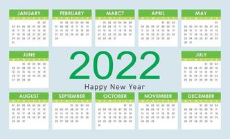 2022 calendario verde vettoriale