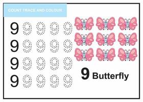 conta traccia e colora la farfalla numero 9 vettore