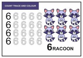 conta traccia e colora racoon numero 6 vettore