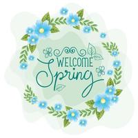 benvenuta primavera con cornice di fiori e foglie vettore