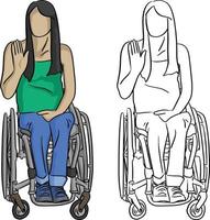 donna seduta su una sedia a rotelle con il gesto della mano vettore