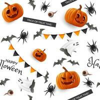 contento Halloween senza soluzione di continuità bianca vettore modello sfondo. con carino e spaventoso elementi piace zucche, ragni, pipistrelli, fantasma e coriandoli, per decorazione il tuo vacanza disegni. non ai