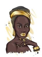 una bella donna nera in un turbante con motivi. Africa. vettore
