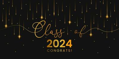 classe di 2024, parola lettering copione striscione. congratulazioni la laurea lettering con scintillante d'oro particelle su un' buio sfondo. vettore