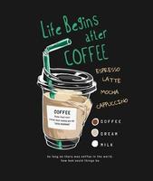 slogan del caffè con l'illustrazione della tazza di caffè chiara disegnata a mano vettore