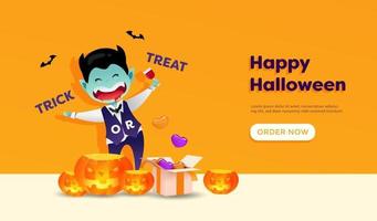 buon halloween con simpatico cartone animato dracula, zucche e confezione regalo vettore