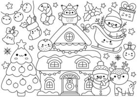 vettore Natale orizzontale linea colorazione pagina per bambini con carino kawaii personaggi. nero e bianca inverno vacanza illustrazione con Casa, pupazzo di neve, Santa claus. divertente ricerca manifesto