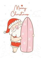 carino contento estate Natale Santa Claus con tavola da surf, kawaii estate Natale vacanza cartone animato scarabocchio. saluto carta. vettore