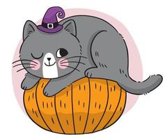 mano disegnare cartone animato carino halloween gatto nero sul vettore di zucca.