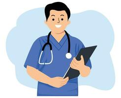 assistenza sanitaria lavoratori sorridente giovane uomo infermiera indossare blu uniforme con un' stetoscopio Tenere appunti vettore