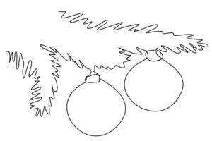 vettore uno linea illustrazione di un' abete albero ramo con decorativo sfera. Natale tema design isolato su bianca. modello per saluto carta, festivo invito, vacanza decorazione, cartello.
