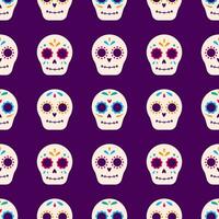 vettore dia de muertos senza soluzione di continuità modello. messicano tradizionale zucchero teschi su viola sfondo. il giorno di il morto celebrazione. involucro design.