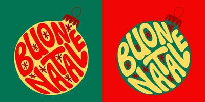 Natale Groovy scritta. mano disegnato slogan allegro Natale nel italiano nel un' Natale palla forma. moderno Stampa design nel retrò stile per manifesti, carte, camicia Stampa sociale media grafica vettore