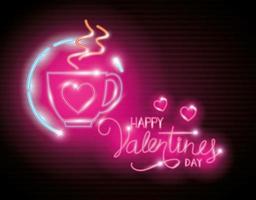 buon san valentino con una tazza di caffè di luci al neon vettore