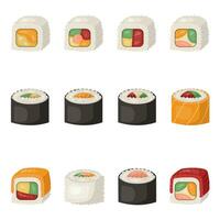 un' impostato di rotoli, Sushi, giapponese cucina. vettore illustrazione su un' bianca fonema.