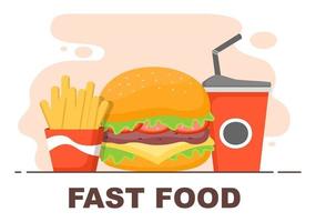 set di hamburger, cola e patatine fritte sfondo di fast food vettore