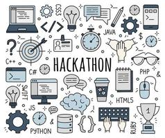 hackathon e codefest set di icone in stile doodle. vettore