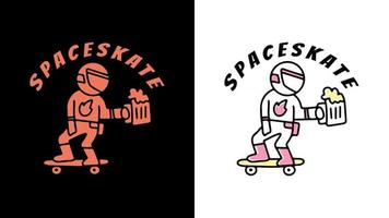 l'astronauta cavalca sullo skate e tiene in mano le birre. illustrazione per t-shirt vettore