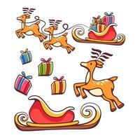 impostato di Natale i regali, renna e slitta nel cartone animato carino stile. vettore
