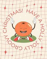 Groovy Natale saluto carta con yoga mandarino e saluto testo. divertente retrò cartone animato Natale personaggio nel Groovy anni '60-'70 Vintage ▾ stile. vettore