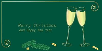 allegro Natale Champagne bicchieri Natale albero rami su verde sfondo vettore bandiera modello sfondo.