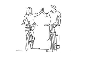 singolo uno linea disegno giovane contento coppia equitazione bicicletta romanticamente Tenere mani insieme a all'aperto parco. amore relazione concetto. moderno continuo linea disegnare design grafico vettore illustrazione